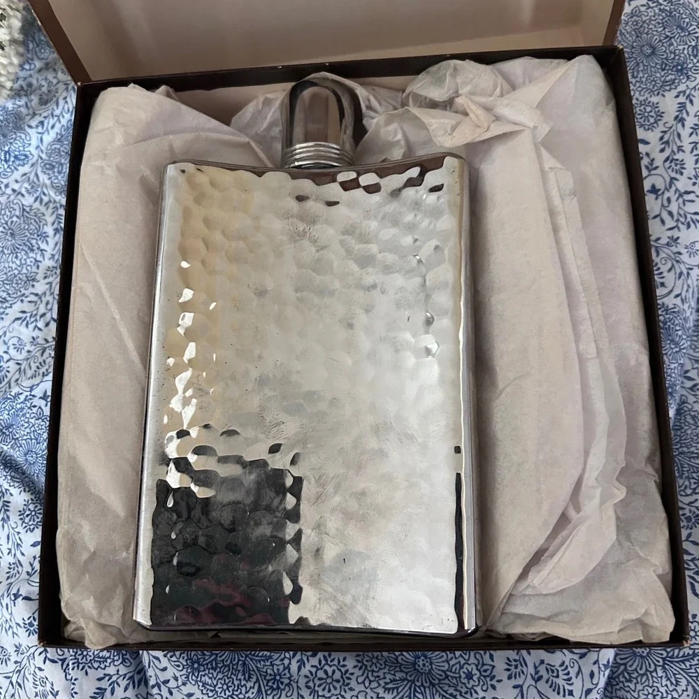 Roos Atkins Hip Flask‎ Mens 10oz Silver Hammered West Germany Vintage Boxed